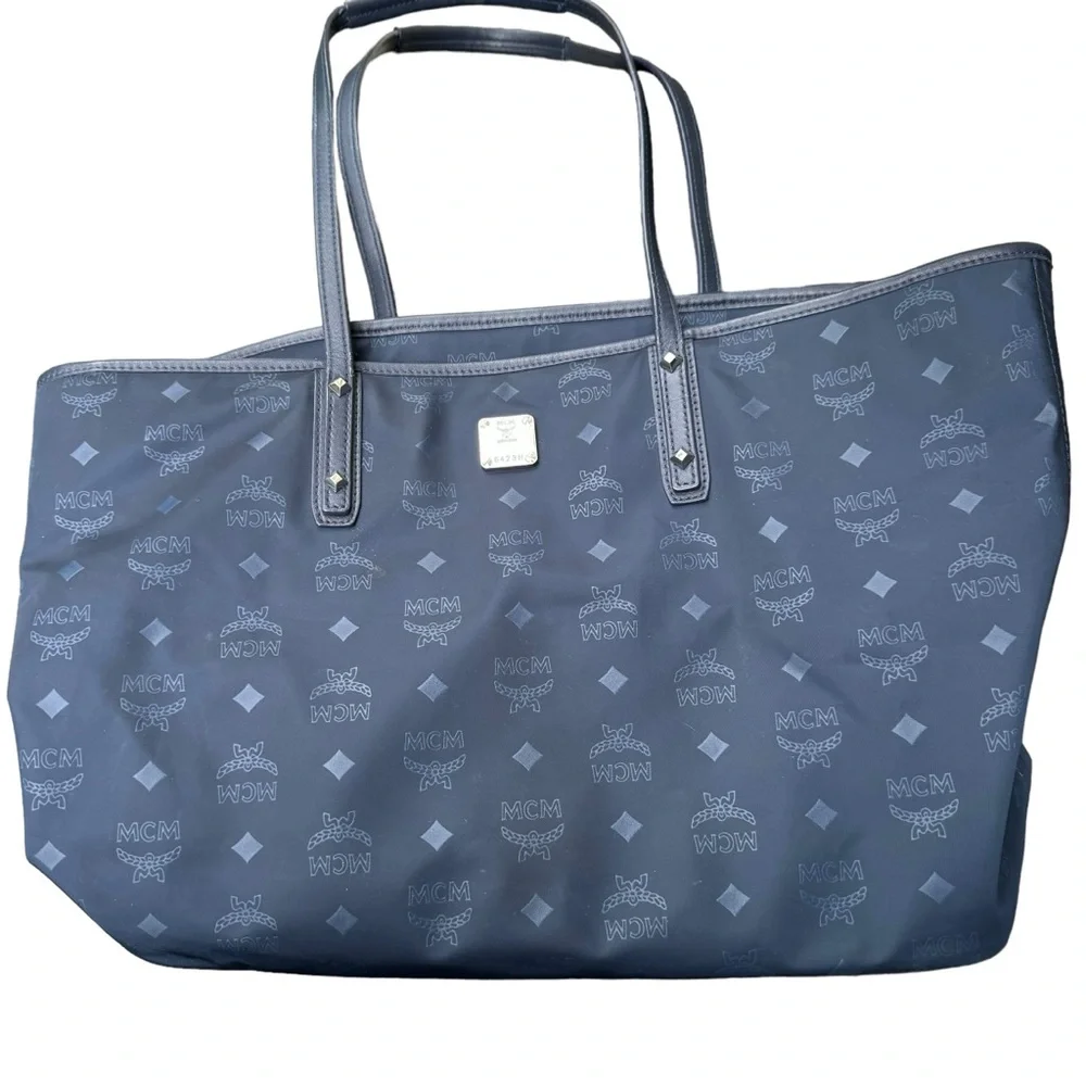 MCM Monogram Dieter Nylon Medium Shopper Tote Navy Blue EUC
